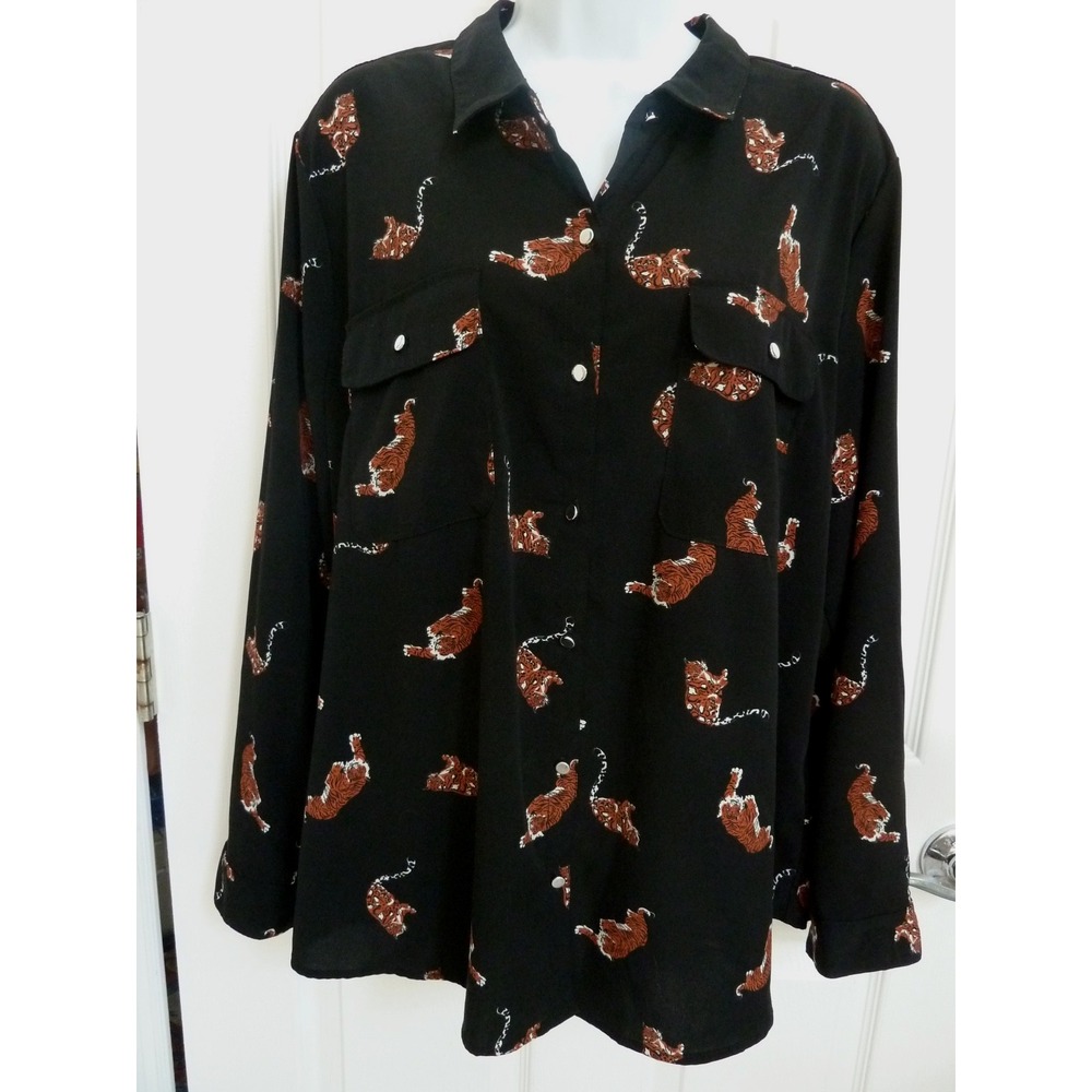 COMO BLACK Womens XL Tiger Print Button Up Blouse Roll Tab Sleeve N2U069BC